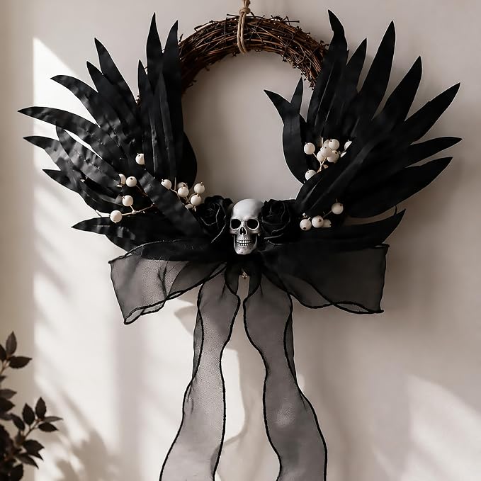 Artilady Skull Bow Garland Wreaths for Front Door, Rattan Porch Decor - skull wreath