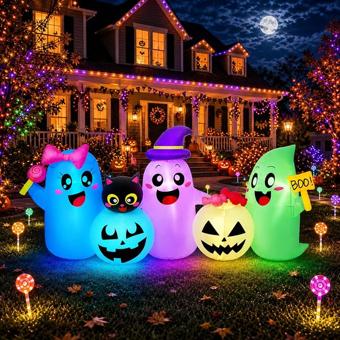 8FT Long Halloween Inflatables Decoration Outdoor Ghosts & Pumpkins Combo with Muti-Color Changing LEDs, Cute Halloween Blow Up Yard Decorations Blowups for Lawn Party - skull inflatable