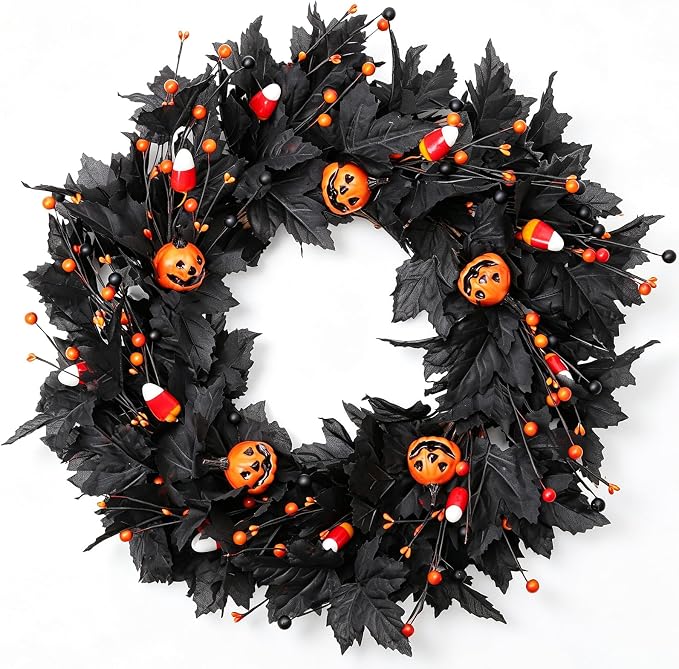 Pumpkin Halloween Wreath 24 Inch Black Maple Leave Wreaths for Front Door with Ghost Pumpkin Orange Berries for Indoor Window Wall Halloween Party - skull wreath