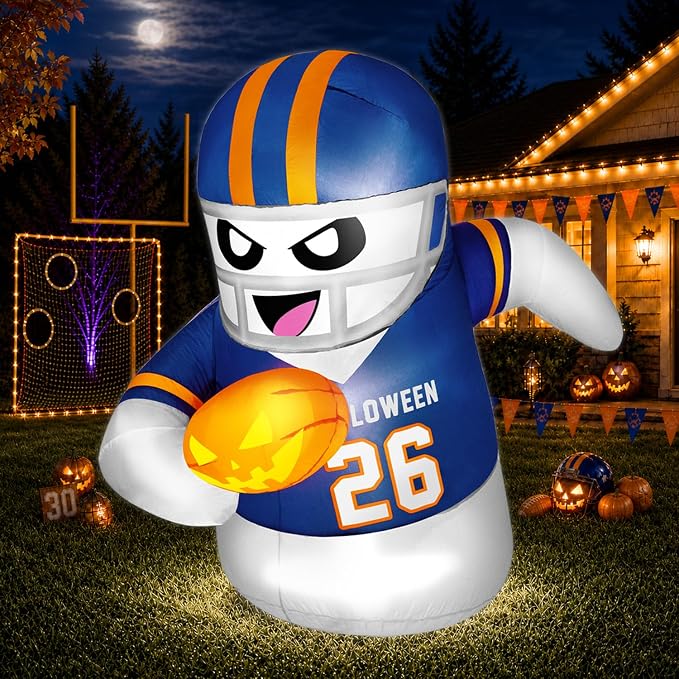 5FT Halloween Inflatables Decorations Outdoor Football Player Ghost Built-in Full-Body Bright LEDs Cute Halloween Blow Up Yard Decoration with Pumpkin Sports-Themed Blowups Lawn for Party