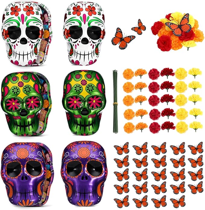 60 Pcs Day of The Dead Sugar Skulls Monarch Butterfly Marigold Flowers - sugar skull ornament