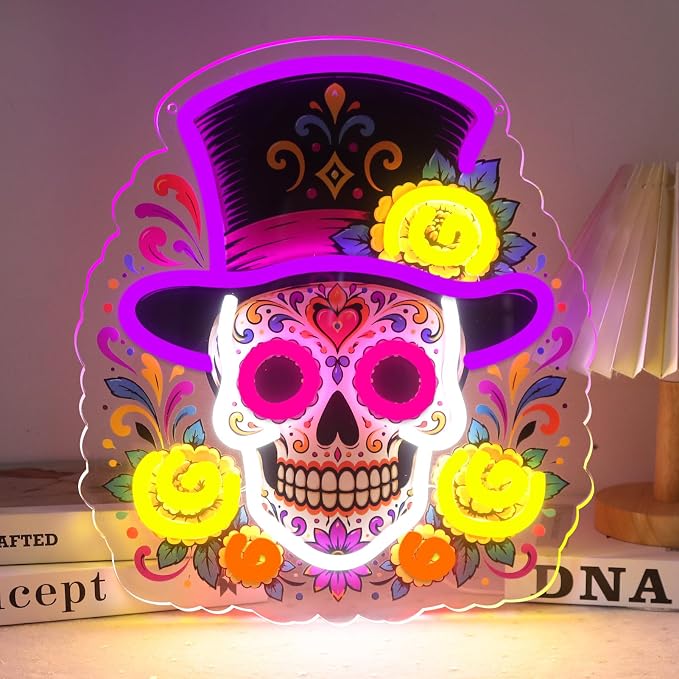 Day of the Dead Sugar Skull Neon Sign 5V Dimmable Top Hat - skull inflatable