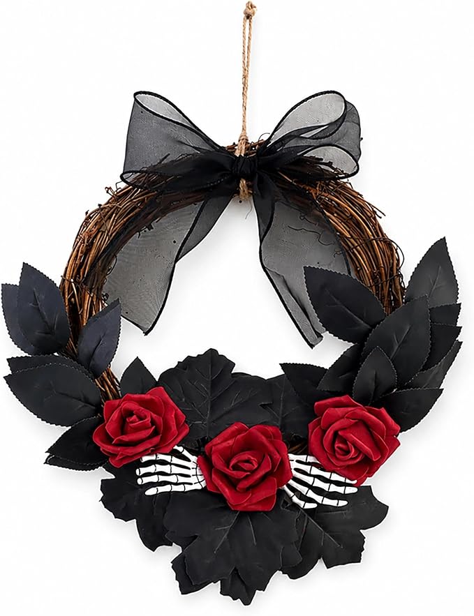 Artilady Gothic Rattan Wreaths for Front Door, Porch Decor for Halloween - skull wreath