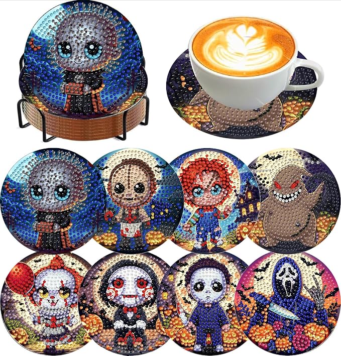 stnckic Halloween Diamond Art Coasters Kits with Holder - skull coaster