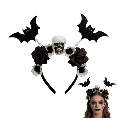 Halloween Headband, Black Skeleton Bat Hair Accessories Headbands Costume, Gothic Headwear Head Band Party Bopper for Women Girls (Black) - skull headband