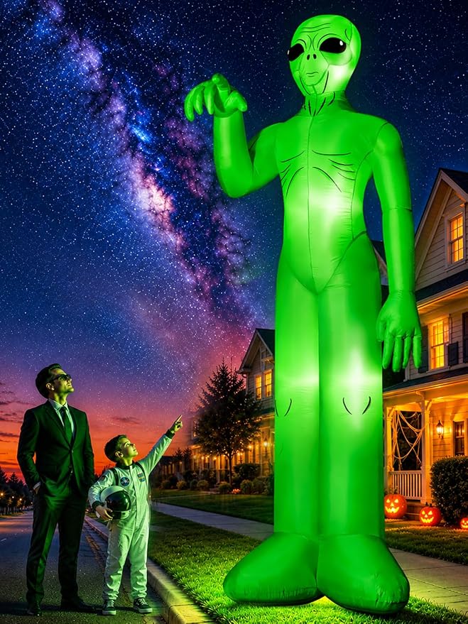 zukakii 12FT Giant Halloween Inflatables Decorations Outdoor Blow Up Alien Built-in Bright Full-Body LEDs Huge Sci-Fi Halloween Blow Up Yard Decoration Blowups with Powerful Blower for Lawn Party - skull inflatable