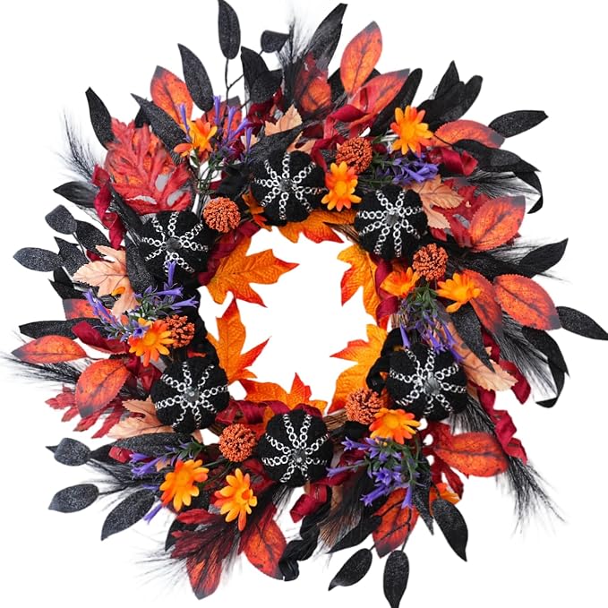 Halloween Wreath for Front Door, 24 Inch Fall Wreath with Black Pumpkins Maple Leaves Orange Flowers, Spooky Autumn Harvest Halloween Decor for Door Wall Indoor Outdoor - skull wreath