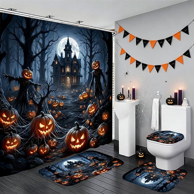 Yddsky 4 Pcs Halloween Black Shower Curtain Set with Rugs Bathroom Set