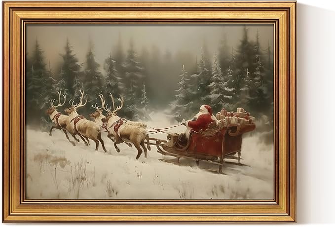 ARPEOTCY Christmas Wall Art, Vintage Gold Framed Santa Claus Sleigh Prints - skull wall art