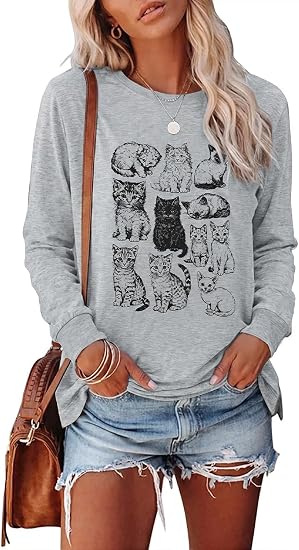 Cat Shirts for Women Halloween Skull Cat Long Sleeve Tee Cute Graphic Tops - skull sweatshirts