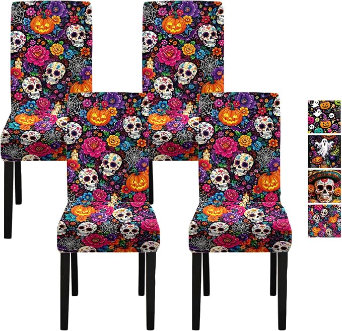 Halloween Chair Covers Set of 4, Day of the Dead Dining Chair Slipcovers, Washable Sugar Skull Stretch Chair Protectors with Jack-O-Lantern for Kitchen Dining Room Holiday