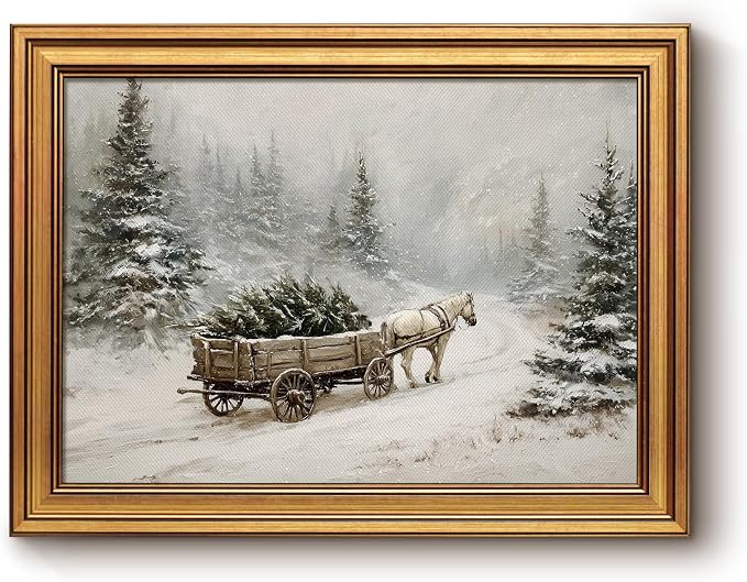 Framed Christmas Horse Sleigh Wall Art Vintage Winter Painting 12x16 Inch - skull wall art