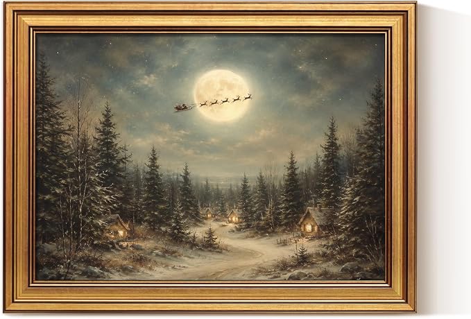 ARPEOTCY Christmas Wall Art, Vintage Gold Framed Xmas Moonlit Night Prints - skull wall art