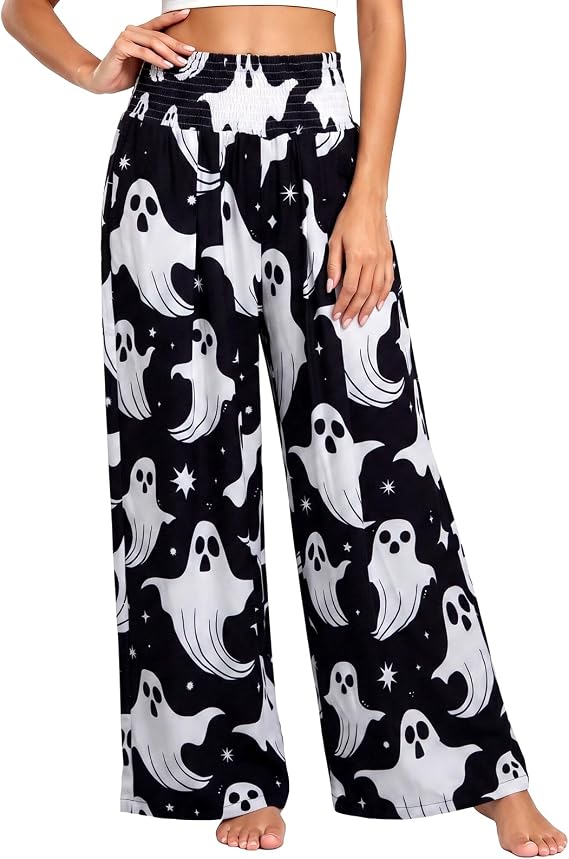 Women's Halloween Pajama Pants, Pumpkin Ghost Wide Leg Lounge Pants - skull pajamas