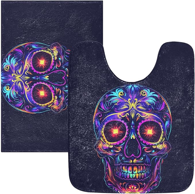 2 Piece Bath Rug Set Dead Day Skull Abstruct, Washable Microfiber Bathroom Rugs, Non-Slip U-Shaped Toilet Contour Rug and Shower Mat for Bathroom - skull toilet mat