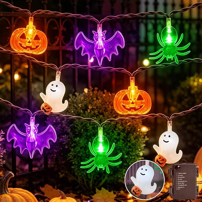 LAMPHOME Halloween String Lights, 20 LED Pumpkin Ghost Bat Spider Decor Lights, Battery Operated with Timer, 8 Modes Waterproof Fairy Lights for Indoor Outdoor Halloween Party Home Decor - string light