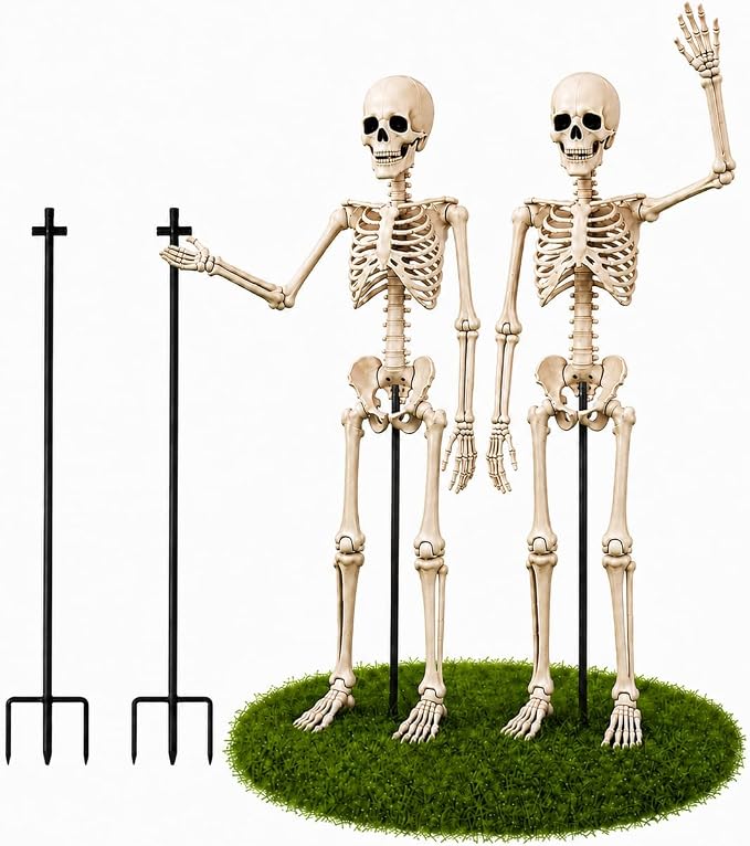 36″ Halloween Skeleton with Metal Stand, Poseable Full Body Skeleton Decoration for Outdoor Yard, Garden, Porch, Indoor Haunted House, Movable Joints Human Bones Halloween Party Decor (2 Pack )