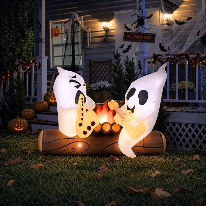 6 FT Halloween Inflatable Musical Ghosts Built in LED Campfire Yard Decor - skull inflatable