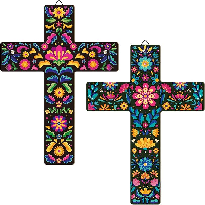 2 Pcs Mexican Cross Wall Decor Floral Day of The Dead Decoration Indoor Dia De Los Muertos Altar Decorations Spanish Cross Wall Signs Decor for Home Art Party Halloween Decor Flower Church