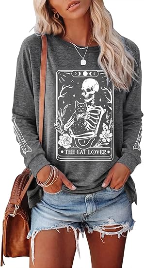 Cat Shirts for Women Halloween Skull Cat Long Sleeve Tee Cute Graphic Tops - skull tshirt