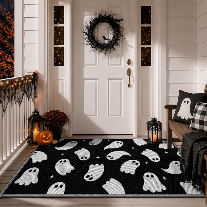 3×5 Ft Halloween Ghost Reversible Plastic Straw Outdoor Rug for Porch