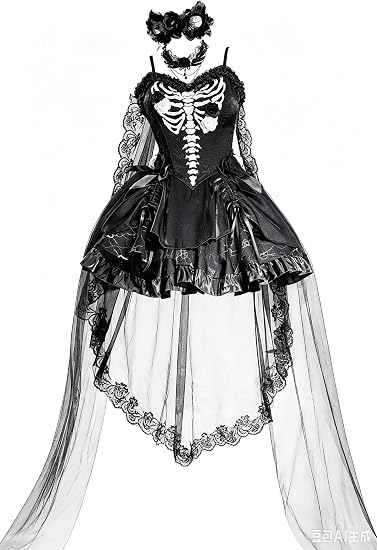 MEOWCOS Gothic Skeleton Corset Mini Dress Costume Set Bride Off-the-Shoulder Dress with Veil and Train - sugar skull dress