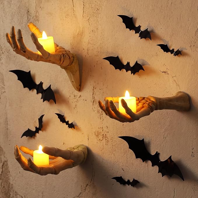 Gerrii 3 Pack Halloween Skeleton Hands Wall Decor, Life-size Gothic - skull candle