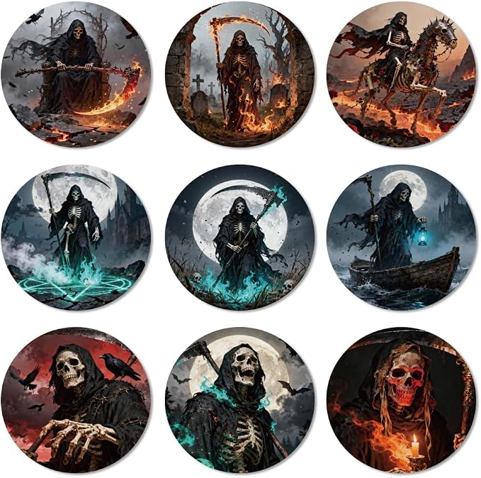ANATTASOUL Halloween Skulls Death Wooden Coasters Set of 9 Bulk(3.9") - skull coaster