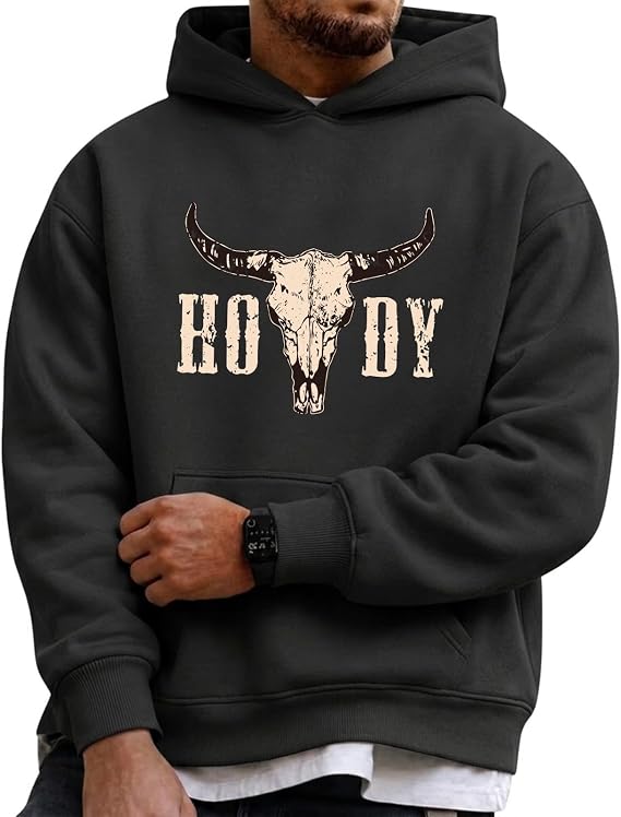 Mens Western Hoodie Vintage Howdy Cow Skull Graphic Hoodies Fleece Cowboy Country Concert Sweatshirt Pullover - sugar skull boots