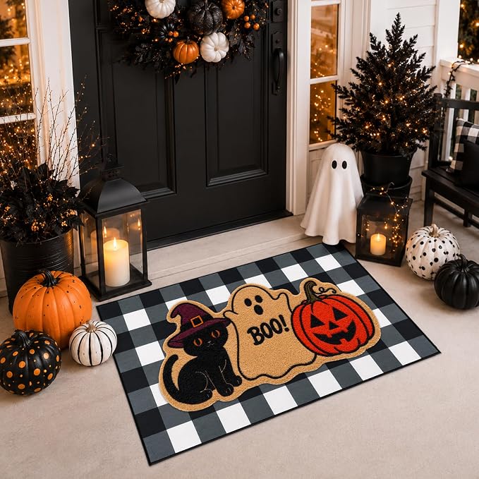 2 Pcs Halloween Welcome Door Mat-Black Cat Ghost Pumpkin Coir Door Mat Set