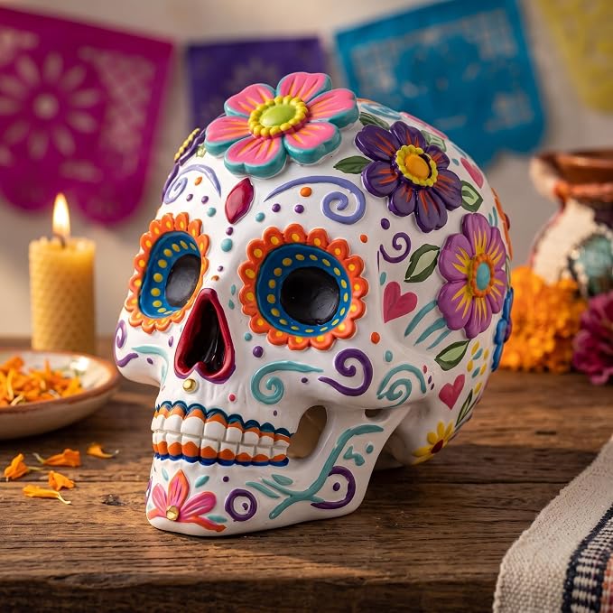 RattanView Day of The Dead Sugar Skull Resin Figurine Decor 6", Colorful - skull figurine