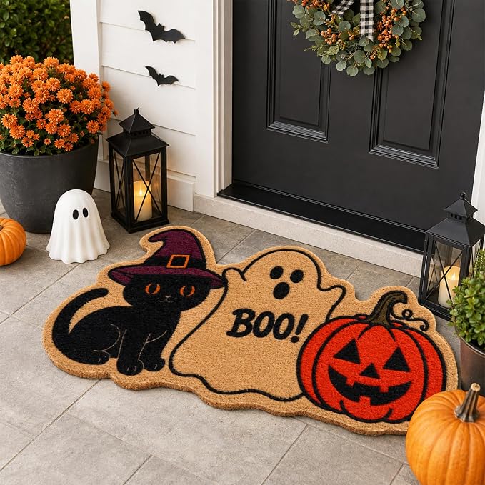 Halloween Black Cat Ghost Pumpkin Welcome Doormat-Halloween Coir Door Mat