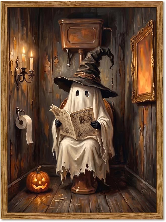 Framed Vintage Halloween Bathroom Wall Art, Cute Ghost Reading on Toilet Wall Decor, Gothic Fall Pumpkin Paintings Canvas Prints Spooky Dark Academia Home Decor for Bathroom Restroom 12x16 Inch - skull wall art