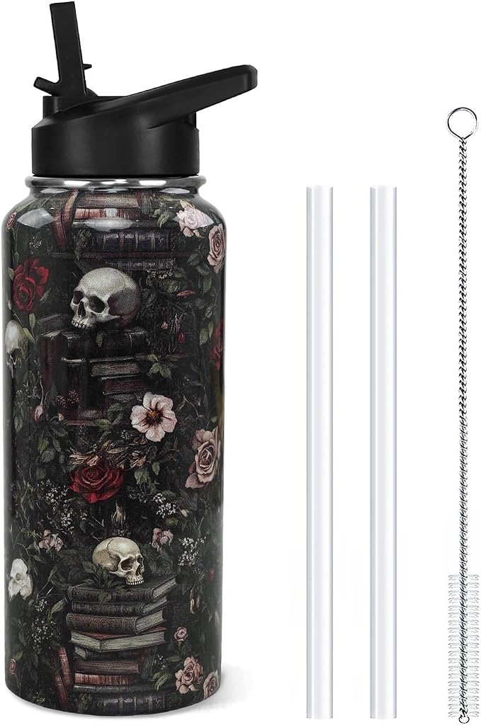 Halloween Books Water Bottle 32oz Gifts for Book Lovers, Readers,Bookish - skull bottle