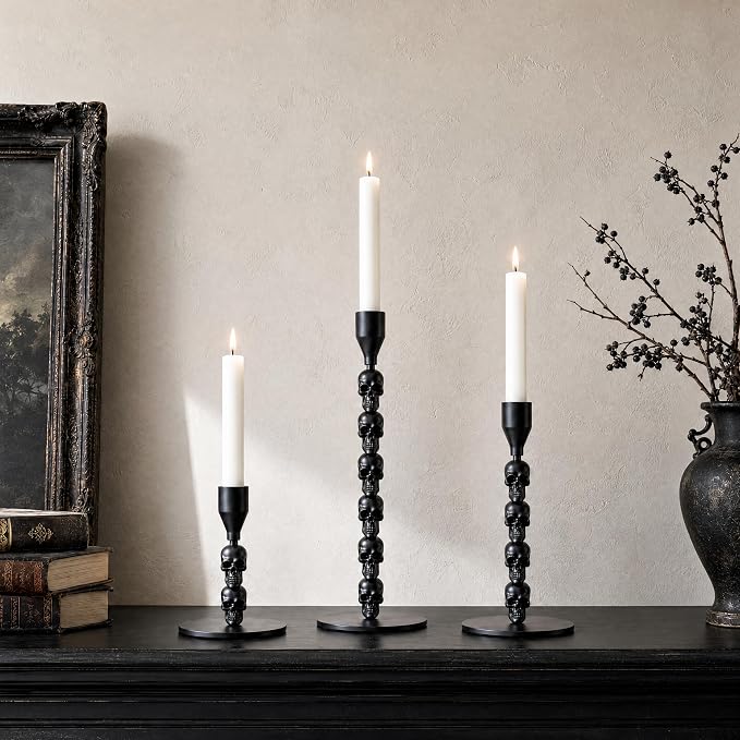 Halloween Skull Candle Holder Set of 3, Gothic Candlesick Holders - skull candle