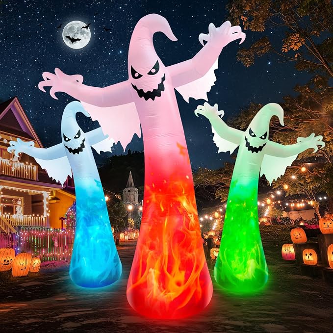 12FT Giant Halloween Inflatables Ghost with 3-Colored Flame Rotation Light - skull inflatable