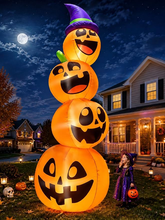 zukakii 12FT Giant Halloween Inflatables Decorations Outdoor Pumpkin Stack Four Jack-O'-Lantern Huge Blow up Yard Decorations Large Blowups Built-in Bright LEDs, Witch Hat Strong Blower Holiday Party - skull inflatable