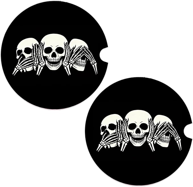 Gothic Car Coasters Set of 2, Horror Skull Car Accessories, 01 - skull coaster