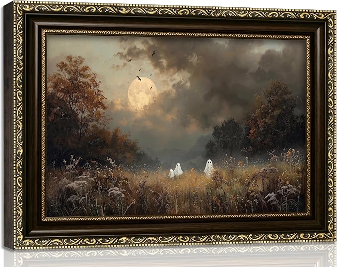 Vintage Framed Halloween Ghost Wall Art Autumn Ghost Family Wall Decor Fall Moonlit Landscape Painting Picture Art Prints for Living Room Bedroom Home Decor - skull painting