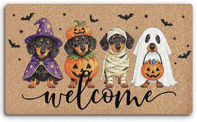 Halloween Dachshund Dog Welcome Faux Coco Coir Doormat Mat 30×17 in