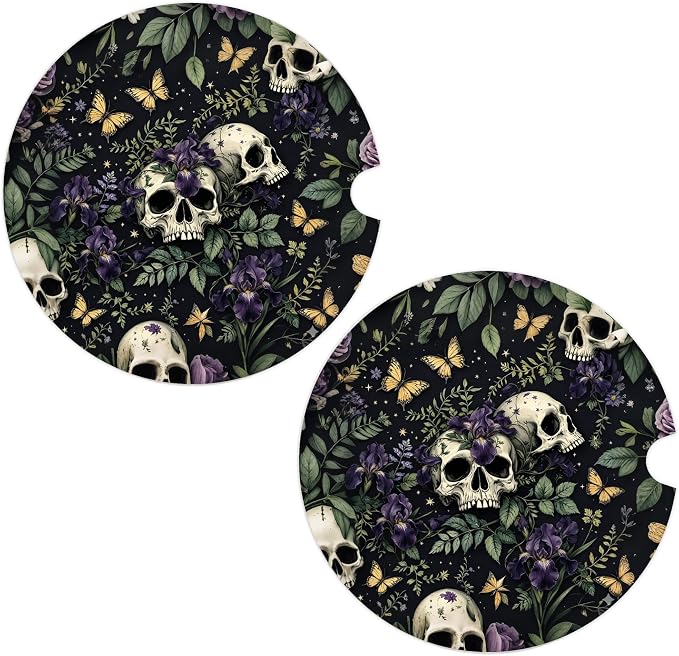 Gothic Car Coasters Set of 2, Horror Skull Car Ceramic Accessories, 13 - skull coaster