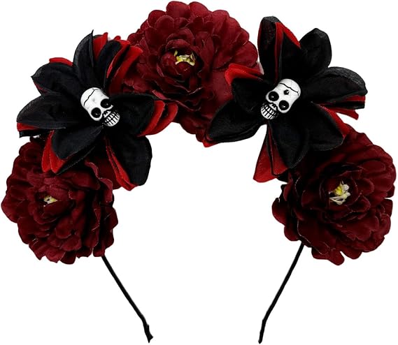 Red Skull Rose Headband Halloween Gothic Flower Crown for Women - sugar skull costume