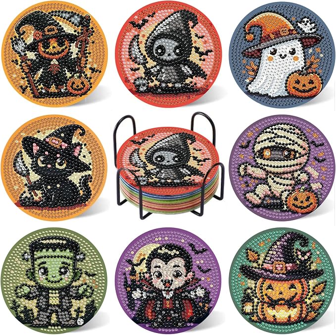Halloween Diamond Art Coasters Kits, Diamond Painting Coasters with Holder - skull coaster