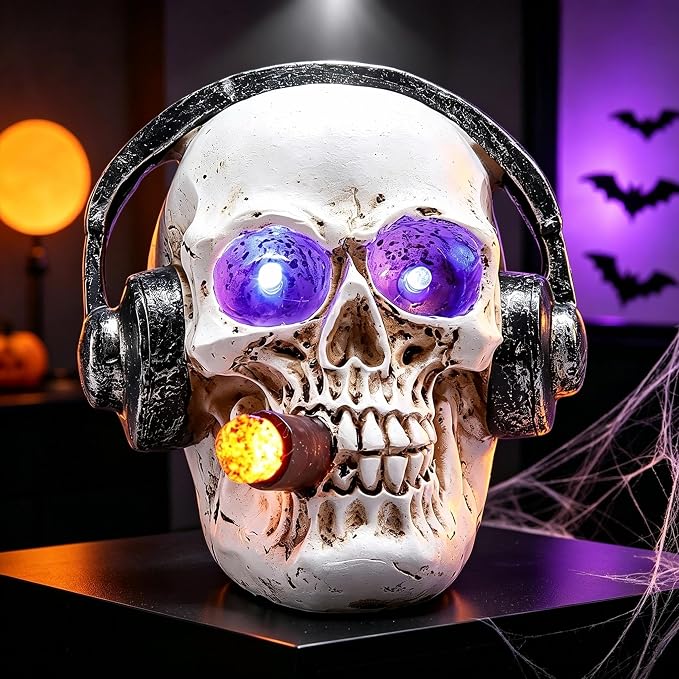 Halloween Headphone Skull Statue 4.5" LED Lighted Resin Skeleton Decor - skull lamp
