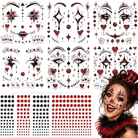 10 Sheets Halloween Glitter Clown Face Makeup Tattoos Stickers Black Red Rhinestone Jewels Eyeshadow Face Fake Temporary Tattoo for Day of Dead Horror Cosplay Carnival Party Decoration - skull sticker