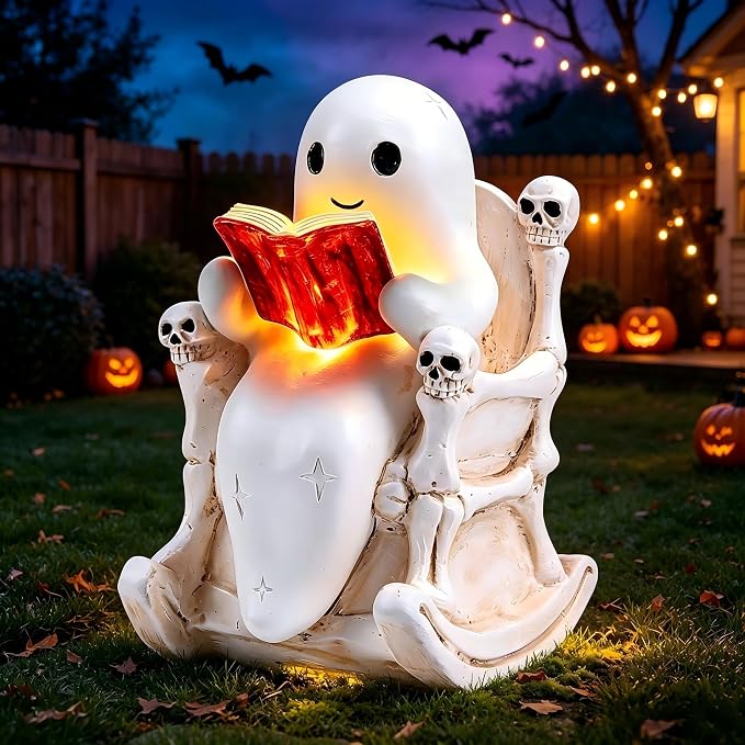 Solar Halloween Outdoor Light 7.4" Ghost Statue Skull Throne Garden Decor - skull figurine