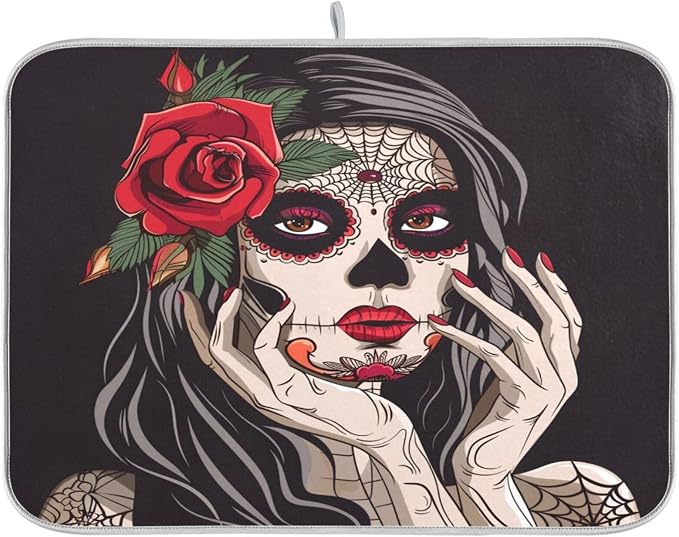 Sugar Makeup Girl Day Of Dead Halloween Absorbent Dish Drying Mat,Microfiber Kitchen Countertop Table Protector Multi-Purpose Counter Rack Sink Drainer Pad(18" x 24") - skull toilet mat