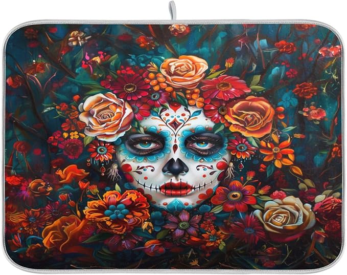 Sugar Skull Face Flowers Day Of Dead Absorbent Dish Drying Mat,Microfiber Kitchen Countertop Table Protector Multi-Purpose Counter Rack Sink Drainer Pad(18" x 24") - skull toilet mat