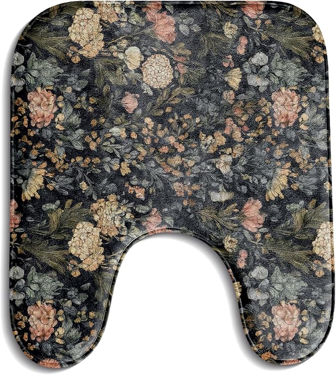 Black Vintage Muted Wildflower Bathroom Toilet Mat U Shape,20x24In - skull toilet rug