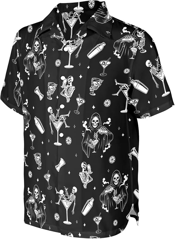 80s 90s Neon Hawaiian Shirt for Men Rave Party Beach Clothes - skull tshirt